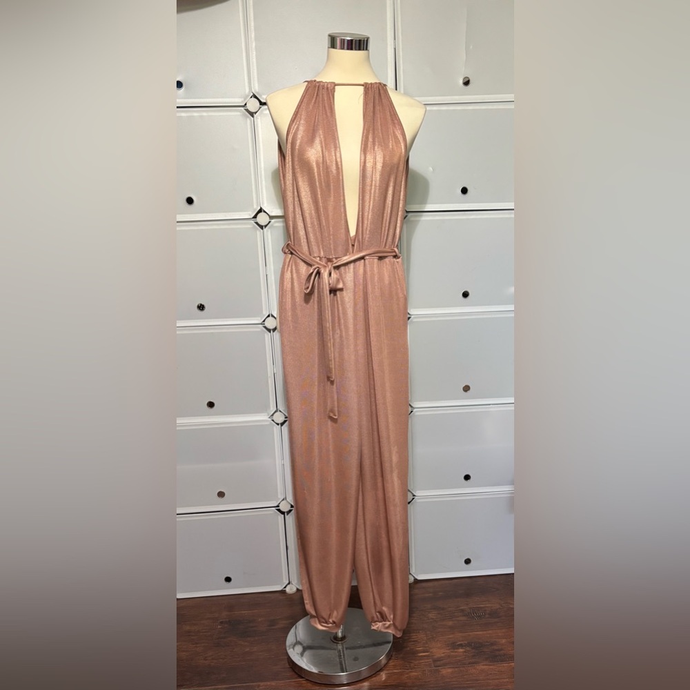 Plunging Neck Rose Gold Halter Jumpsuit with Waist Tie